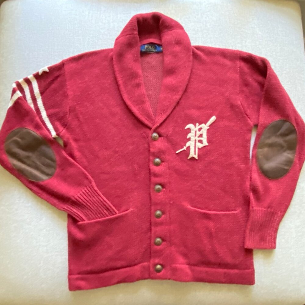 Polo Ralph Lauren Men's Vintage Varsity Patch Red Shawl Cardigan Size Medium